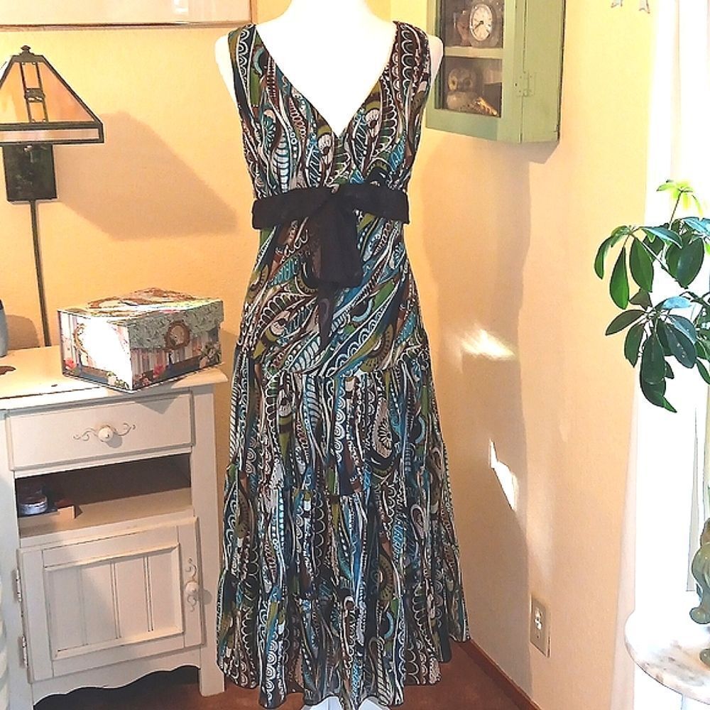 Connected Apparel Brown and Blue Patterned Dress
